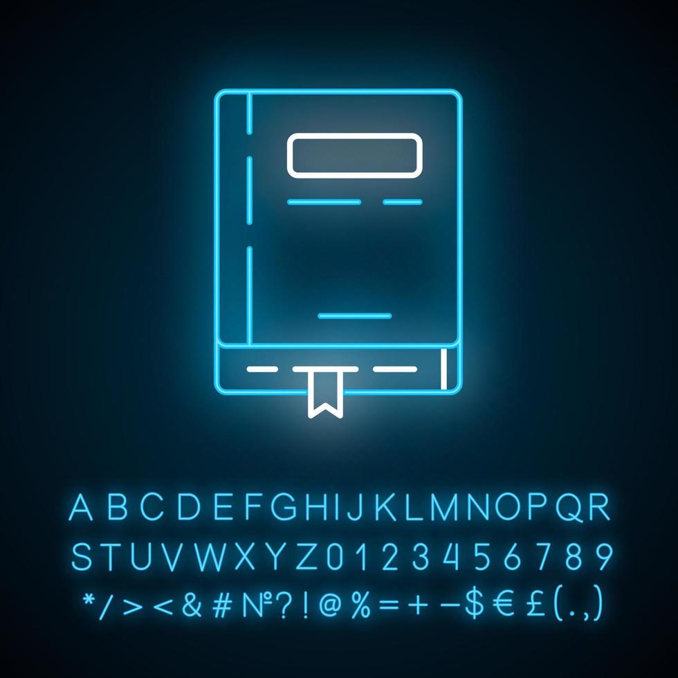 Personal notebook neon light icon. Glowing sign with alphabet, numbers and symbols. School textbook, diary with bookmark vector isolated illustration. Book shop, publishing house, library logo