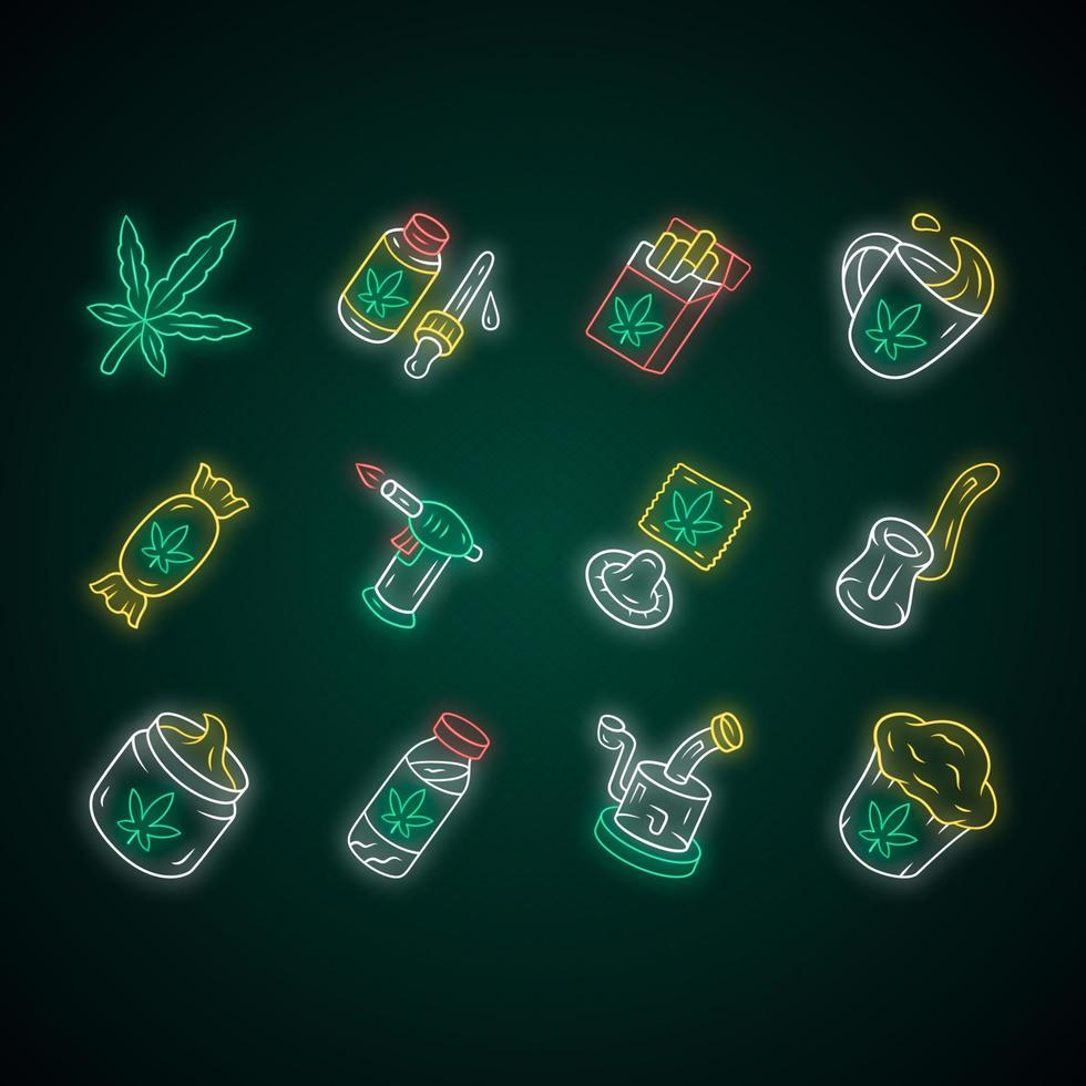 Weed products neon light icons set. Marijuana legalization. Hemp distribution, sale. Cannabis industry. Smoking devices. CBD drink, cream, candy, cupcake. Glowing signs. Vector isolated illustrations