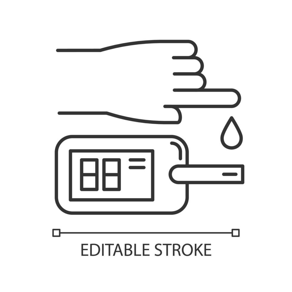 Blood test linear icon. Disease analysis. Illness check. Infection examination. Glucometer. Glucose test. Thin line illustration. Contour symbol. Vector isolated outline drawing. Editable stroke