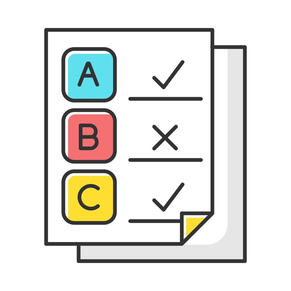 Written survey color icon. Exam papers. Test document. Questionnaire page. Choose multiple options. Select checkmark. Correct, wrong answers. Data report. Info analysis. Isolated vector illustration