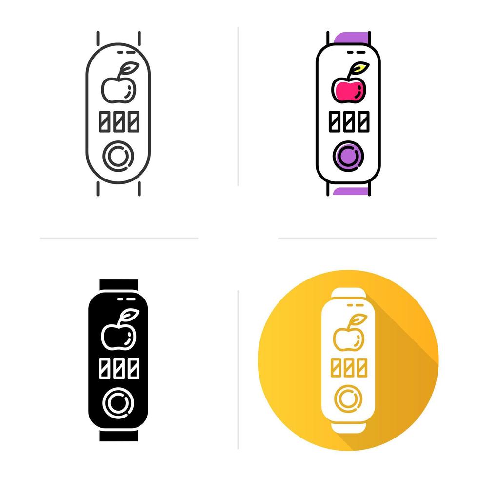 Fitness tracker with calories counter icons set. Wellness device with healthy nutrition habits monitoring. Gadget with meal notification. Linear, black and color styles. Isolated vector illustrations