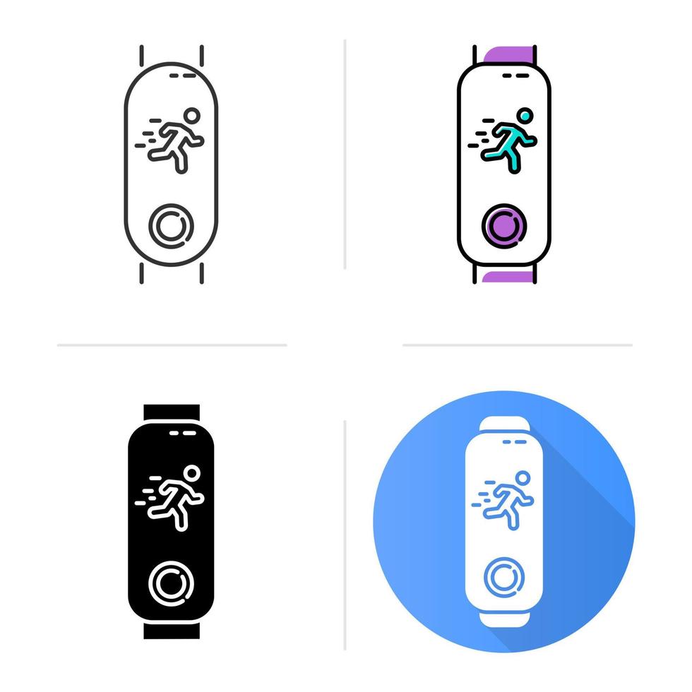 Fitness tracker with running man on display icons set. Wellness gadget monitoring fast movement. Active lifestyle device with jogging time. Linear, black and color style. Isolated vector illustrations