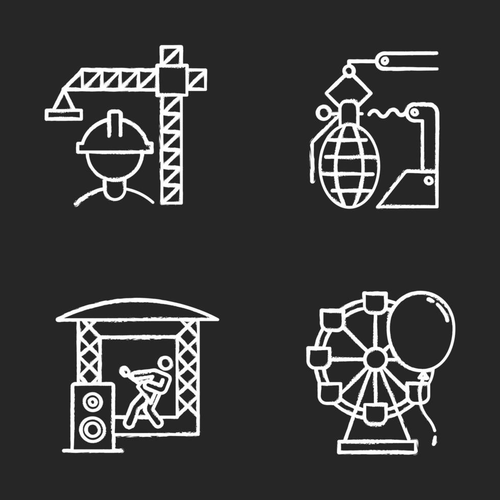 Industry types chalk icons set. Construction, arms, music, entertainment economy sectors. Goods and services production. Businesses activities. Isolated vector chalkboard illustrations