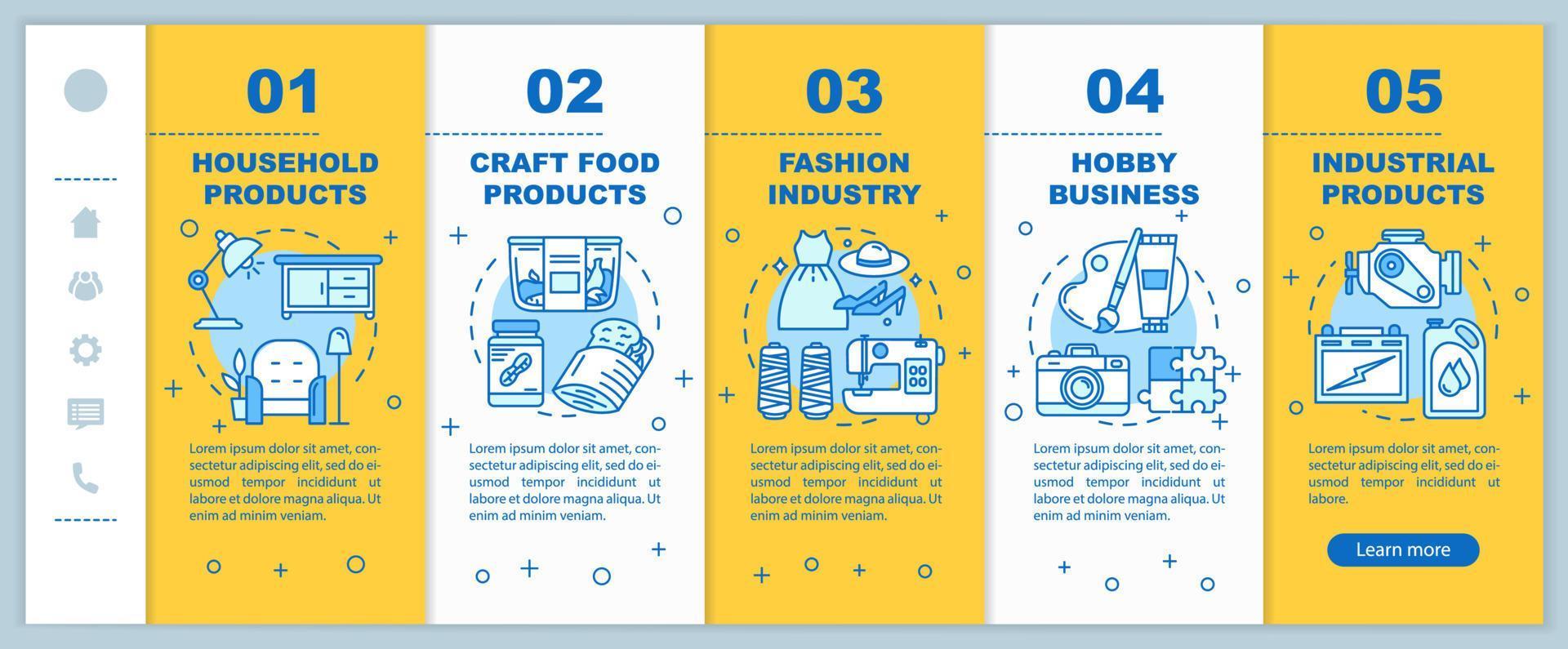 Local production onboarding mobile web pages vector template. Responsive smartphone website interface idea, linear illustrations. Household products. Webpage walkthrough step screens. Color concept