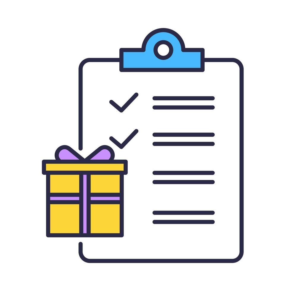 Gift list color icon. Buying presents. Merchandise and consumerism. Searching and preparing presents for holidays. Party celebration organization. Writing wish list. Isolated vector illustration