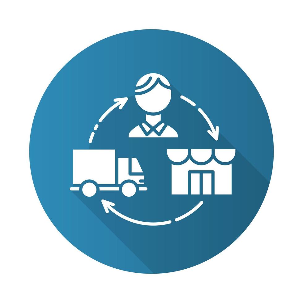 Dropshipping blue flat design long shadow glyph icon. Drop shipping. Order and product delivery to customer. Goods transportation. E commerce. Sales business. Vector silhouette illustration
