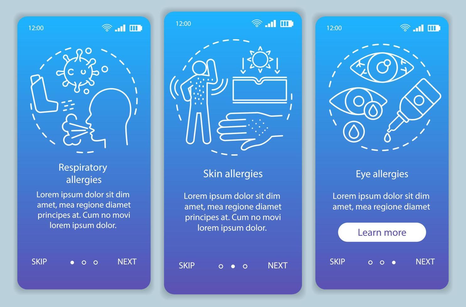 Allergy symptom types onboarding mobile app page screen vector template. Skin, eye, respiratory allergies. Walkthrough website steps with linear illustrations. UX, UI, GUI smartphone interface concept