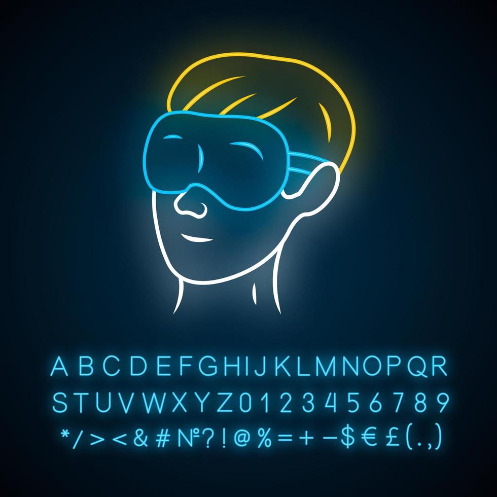Sleeping eyemask neon light icon. Eye mask, eyepatch, night blindfold. Sleeping accessory for eyes rest and relax. Glowing sign with alphabet, numbers and symbols. Vector isolated illustration