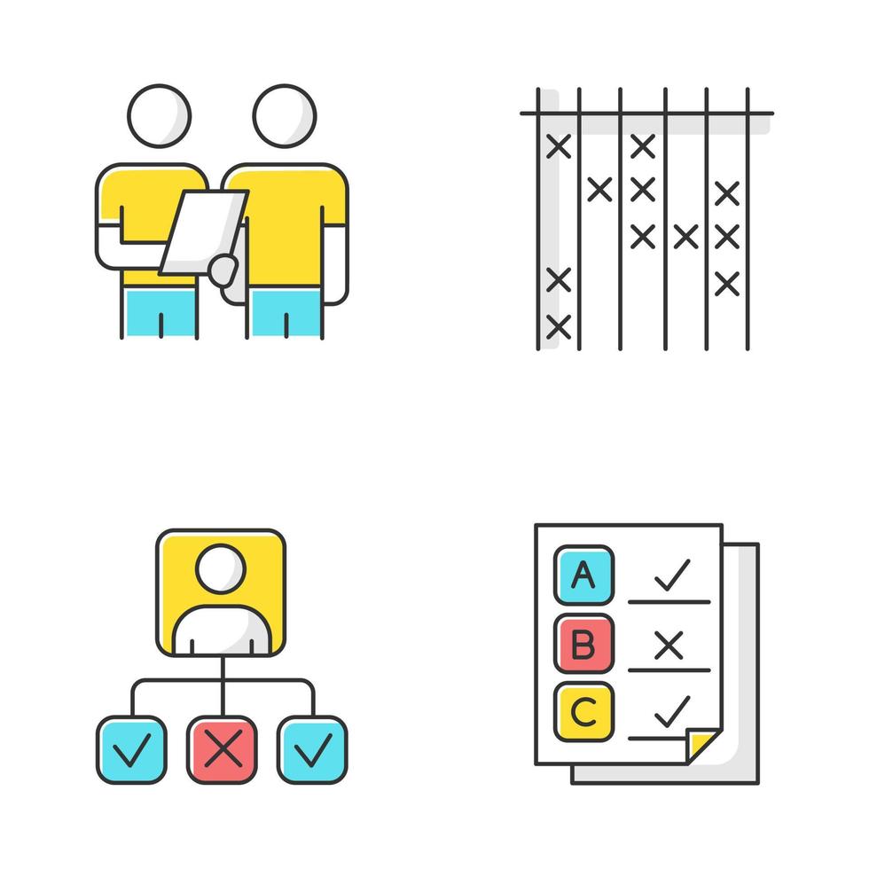 Survey color icons set. Interview, questioning. Checklist mark. Info collection and analysis. Personal profile. Questionnaire, written test. Check list, select option. Isolated vector illustrations