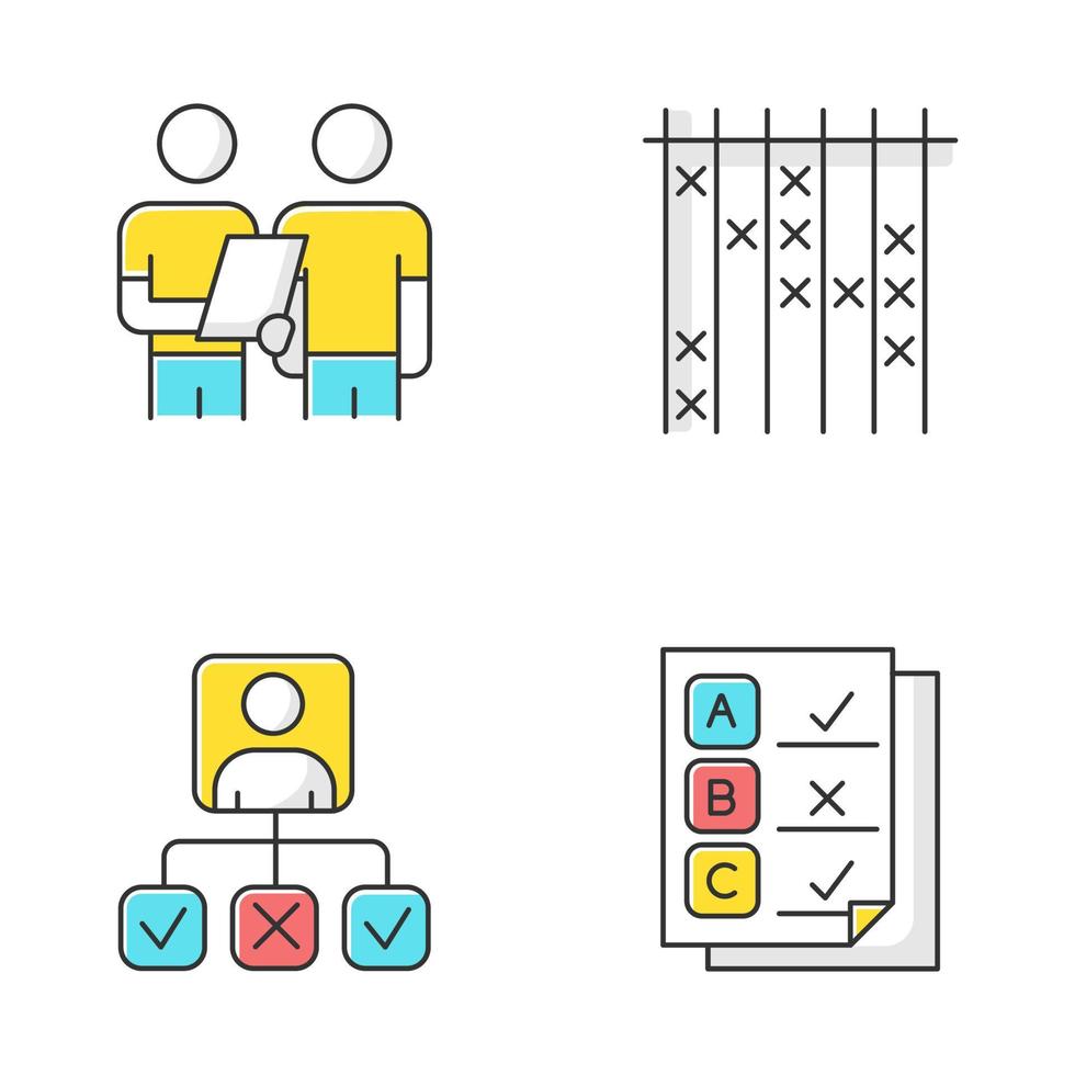 Survey color icons set. Interview, questioning. Checklist mark. Info collection and analysis. Personal profile. Questionnaire, written test. Check list, select option. Isolated vector illustrations