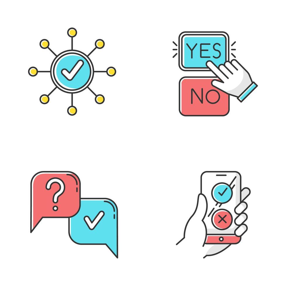 Survey color icons set. Correct answer, approve option. Spread structure. Yes and no button click. Question and answer. FAQ sign. Online feedback. Approve and disapprove. Isolated vector illustrations