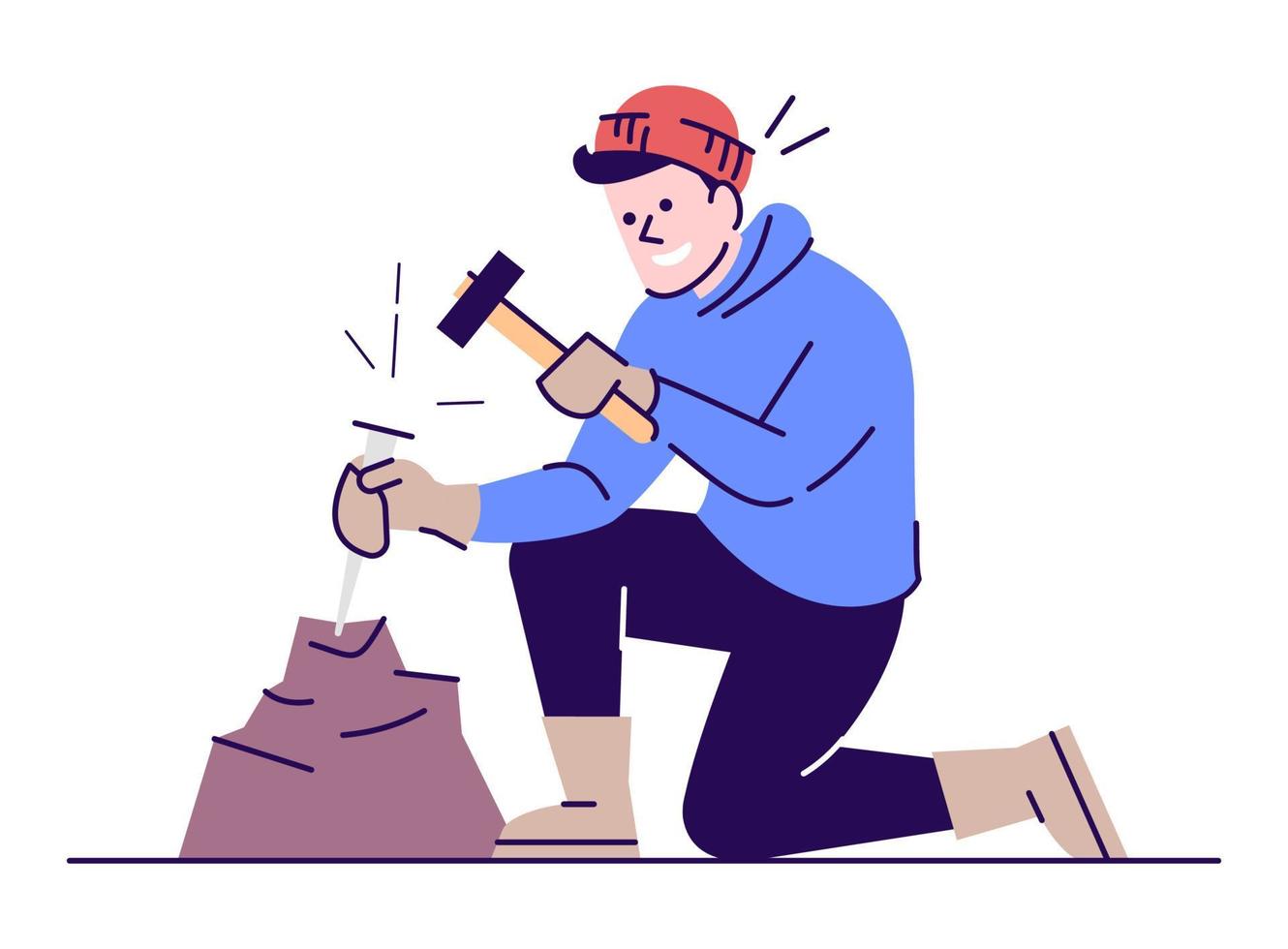 Man working with chisel and hammer flat vector illustration. Archeological excavations. Geological survey. Young caucasian researcher breaking stone cartoon character with outline on white background