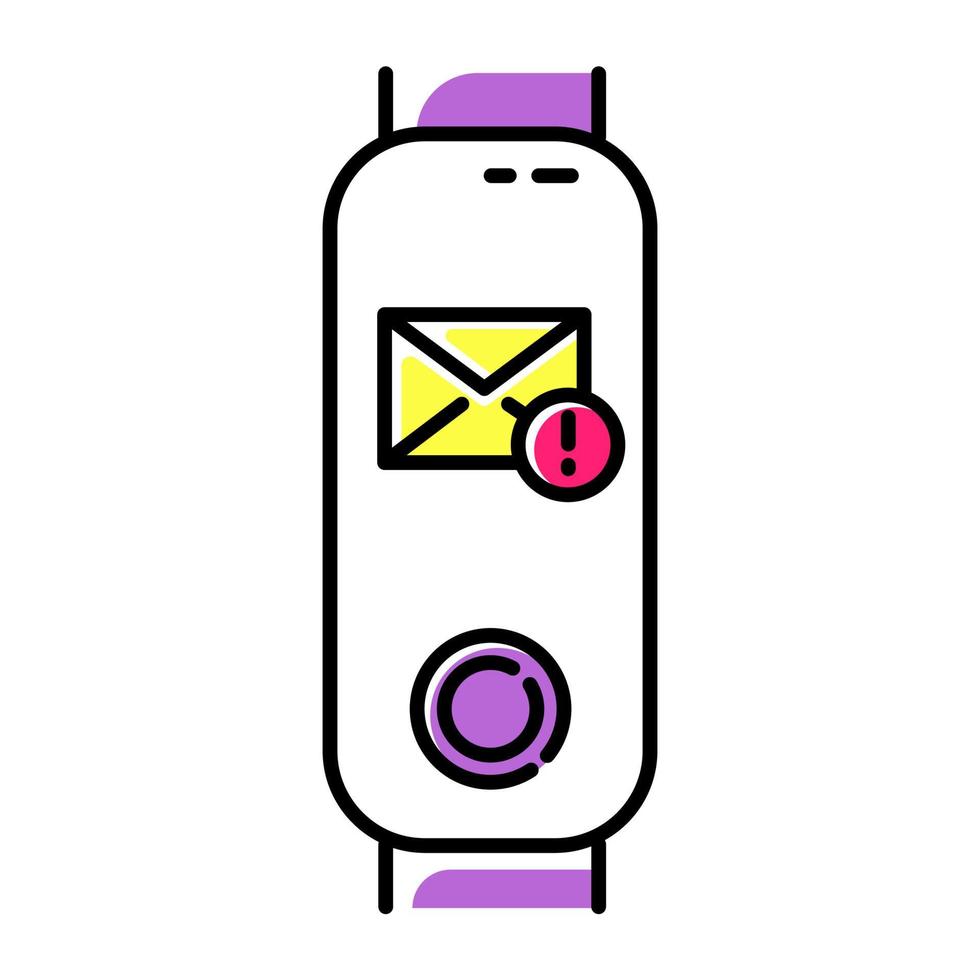 Fitness tracker with incoming mail notification on display color icon. Electronic device with new correspondence reminder. Envelope with exclamation mark symbol. Isolated vector illustration