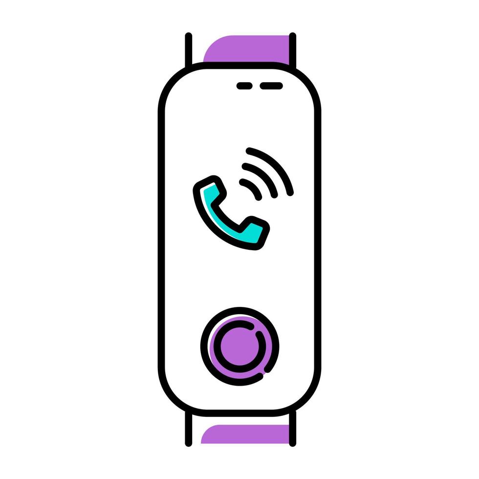 Fitness tracker with incoming call on display color icon. Wellness device with ringing phone symbol. Portable gadget with active phone call notification sign. Isolated vector illustration