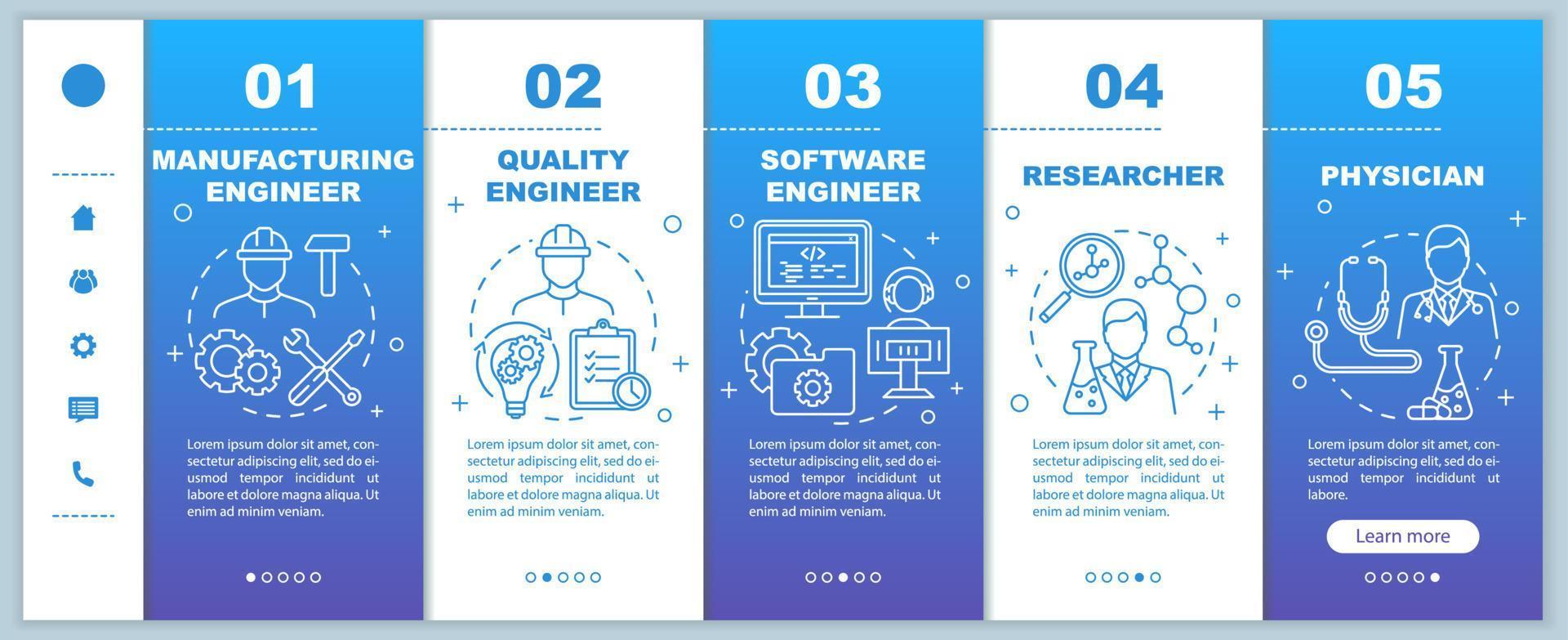 Bioengineering jobs onboarding mobile web pages vector template. Physician. Responsive smartphone website interface idea with linear illustrations. Webpage walkthrough step screens. Color concept