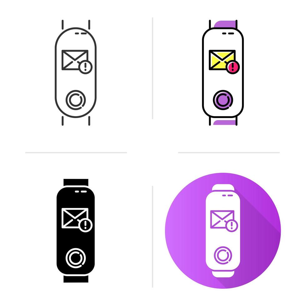 Fitness tracker with incoming mail notification on display icons set. Electronic device with new correspondence reminder. Linear, black and color styles. Isolated vector illustrations