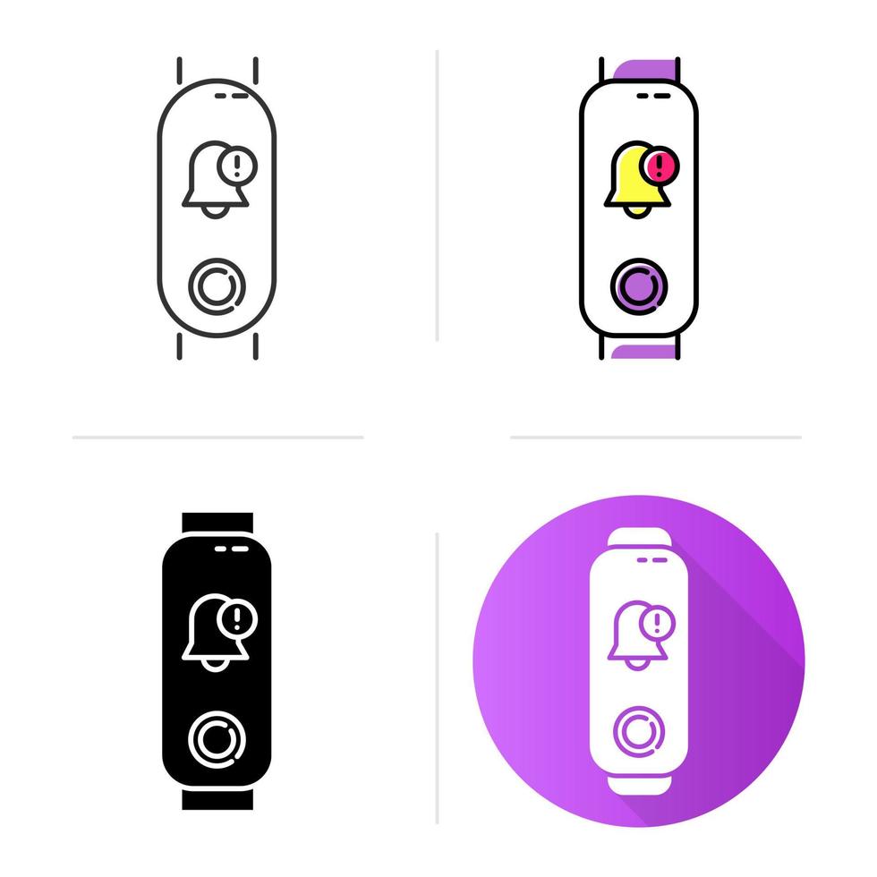 Fitness tracker with notification sign on display icons set. Wearable healthy lifestyle gadget with reminder pictogram. Linear, black and color styles. Isolated vector illustrations