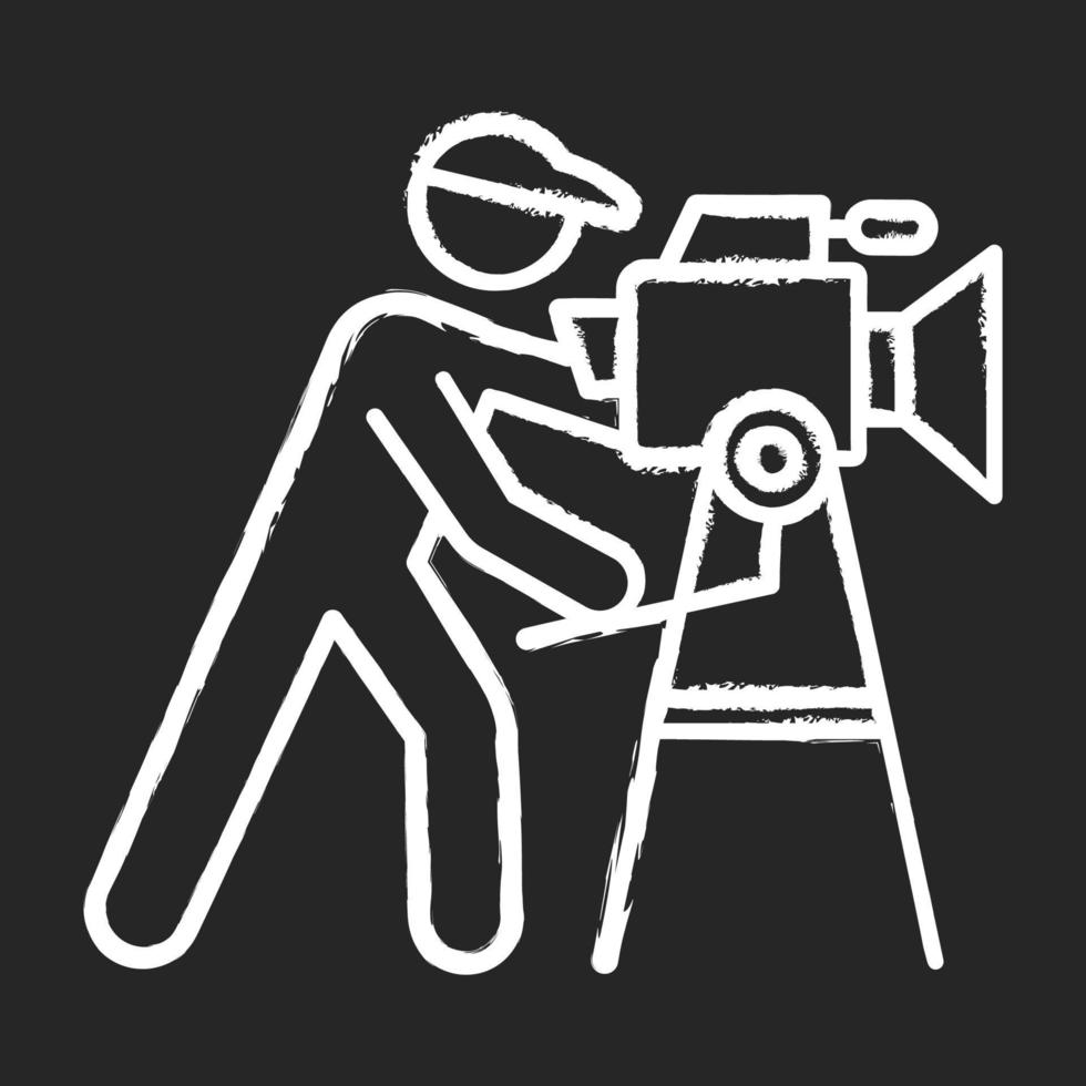 Film industry chalk icon. Cinema business. Cinematography. Making movie. Operator filming scene. Show business. Filmmaking. Moviemaking. Video production. Isolated vector chalkboard illustration