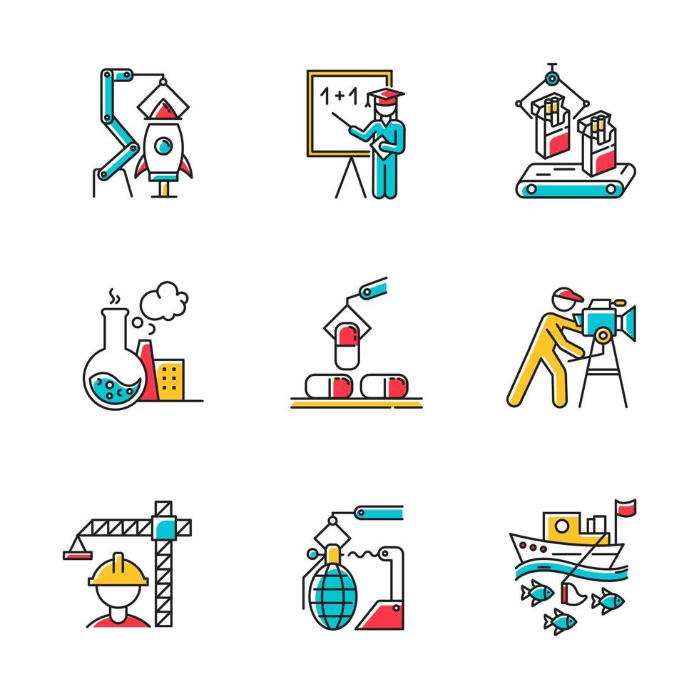 Industry types color icons set. Aerospace, education, tobacco, chemical, pharmaceutical, filmmaking, construction, arms production, fishing business sectors. Isolated vector illustrations