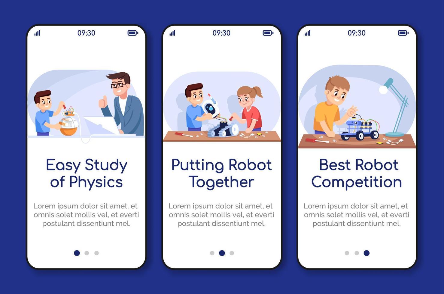 Robotics courses for kids onboarding mobile app screen vector template. After school club. Walkthrough website steps with flat characters. UX, UI, GUI smartphone cartoon interface concept