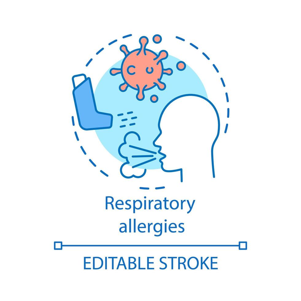 Respiratory allergies concept icon. Airborne allergic diseases idea thin line illustration. Asthma inhaler, coughing person, bacteria. Vector isolated outline drawing. Editable stroke