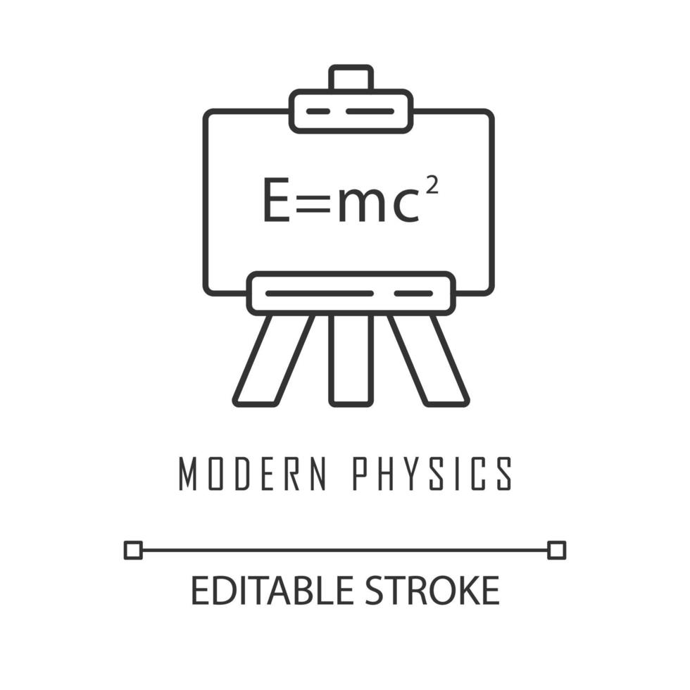 icono lineal de la física moderna. Teoría de la relatividad y mecánica cuántica. fórmula de einstein en pizarra. ilustración de línea delgada. símbolo de contorno dibujo de contorno aislado vectorial. trazo editable vector