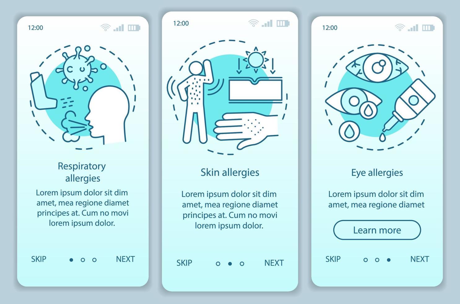 Allergy symptom types onboarding mobile app page screen vector template. Skin, eye, respiratory allergies. Walkthrough website steps with linear illustrations. UX, UI, GUI smartphone interface concept
