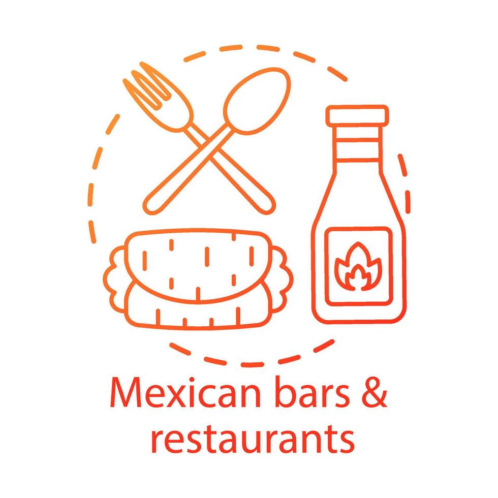 Icono de concepto de bares y restaurantes mexicanos. kebab, salsa de pimiento picante, cubiertos. burrito tradicional. Ilustración de línea fina de idea de bistro de comida picante. dibujo de contorno aislado vectorial. trazo editable vector