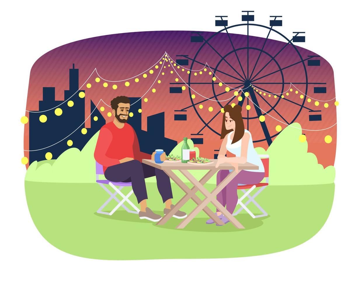 la pareja tiene una cena romántica en la ilustración plana de la feria nocturna. novio, novia en personaje de dibujos animados de picnic. festival de verano, parque de atracciones de la ciudad, café al aire libre del parque de atracciones. rueda de la fortuna en el recinto ferial vector