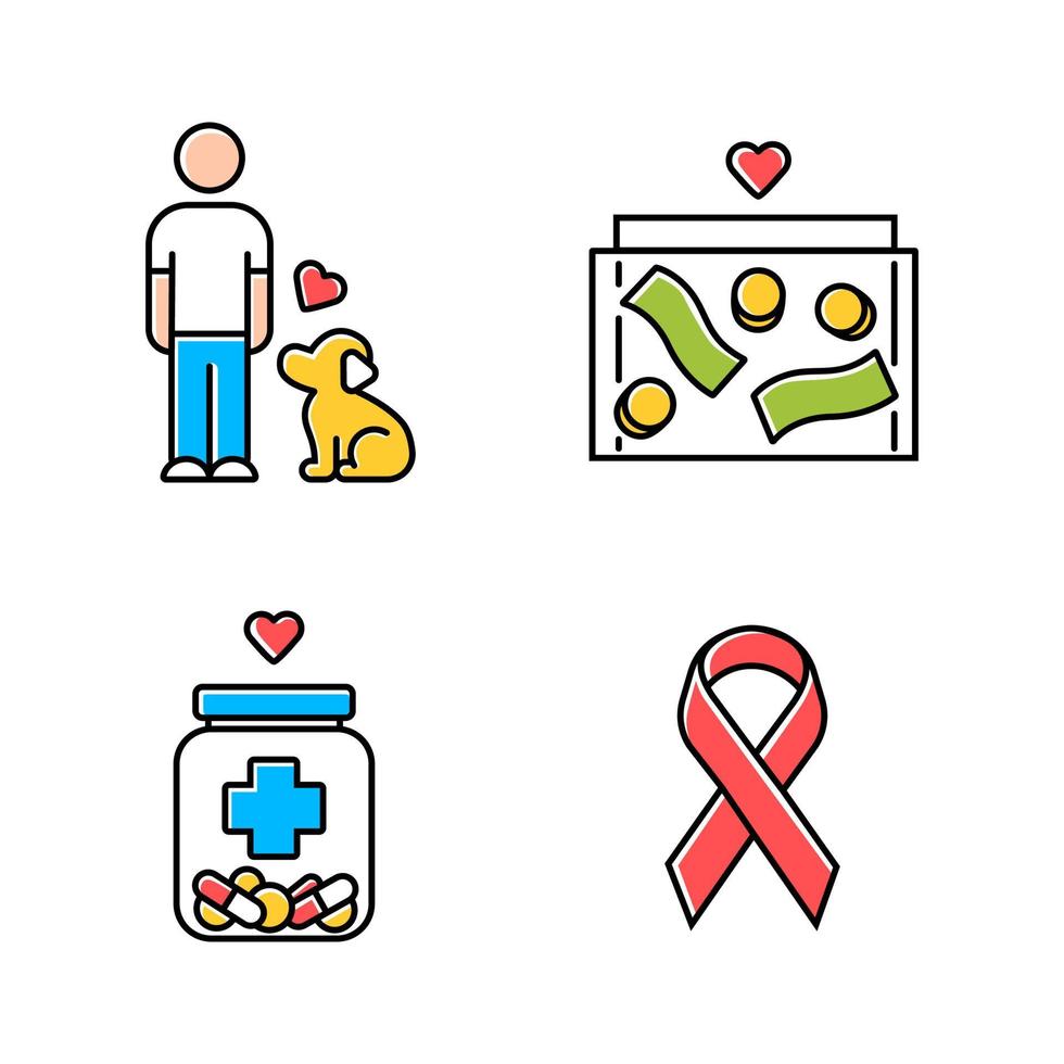 Volunteering color icons set. Humanitarian assistance. Altruistic activity. Animals welfare, donation box, medical aid, awareness ribbon. Isolated vector illustrations