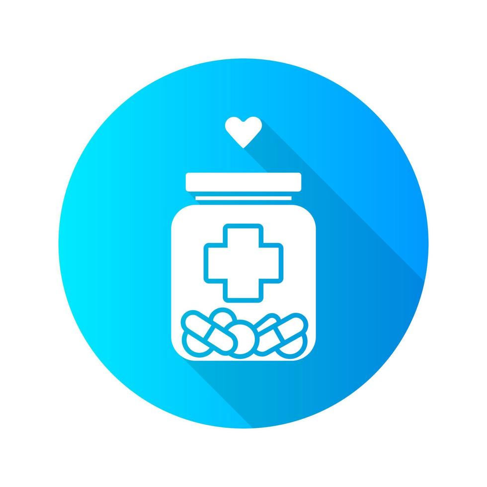 icono de glifo de sombra larga de diseño plano de ayuda médica. servicio de enfermería. voluntariado médico. curso de tratamiento. puede con diferentes pastillas. botella con drogas, corazón. ilustración de silueta vectorial vector