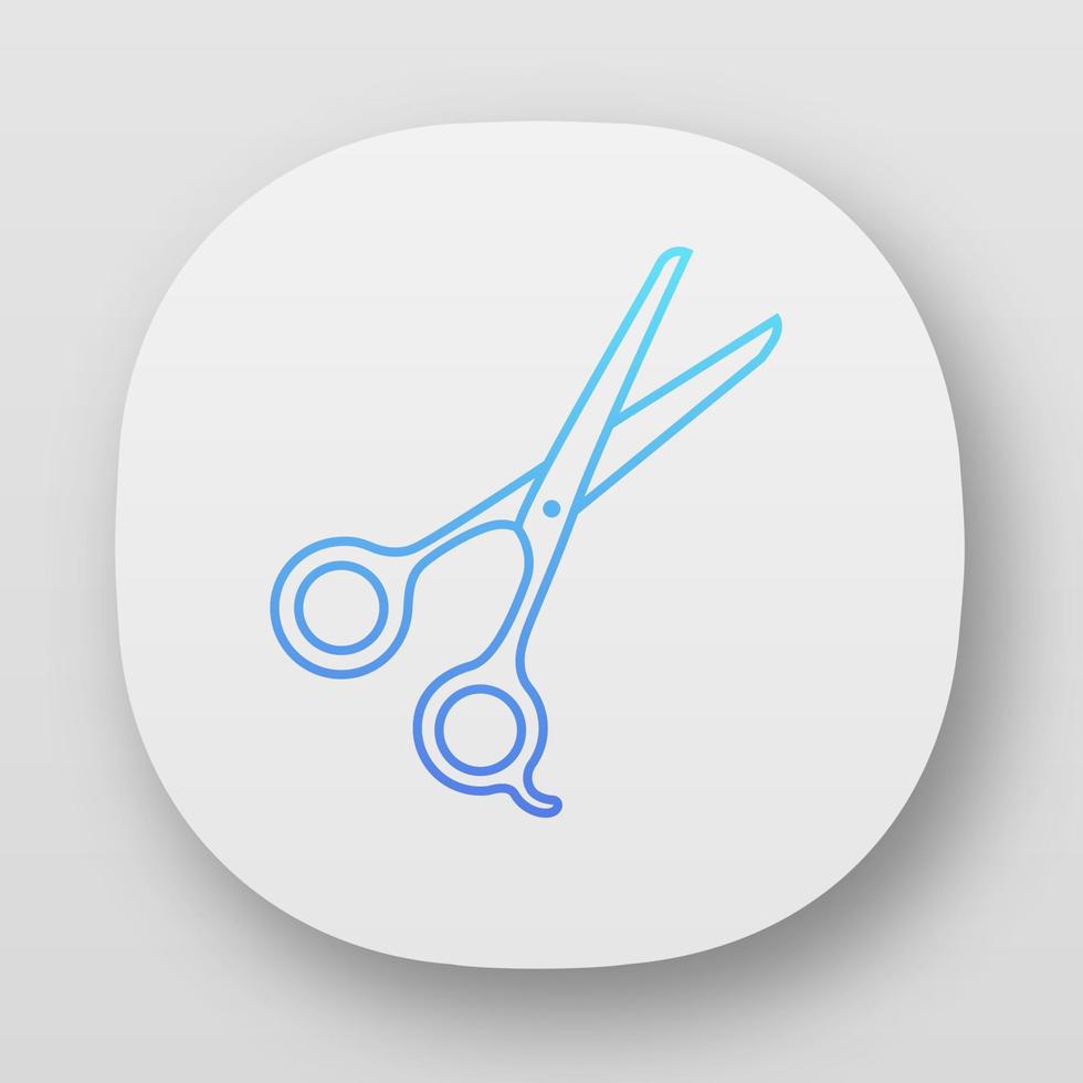 Scissors app icon. Haircutting shears. Cutting instrument with finger brace, tang. Hairdressing instrument. UI UX user interface. Web or mobile applications. Vector isolated illustrations