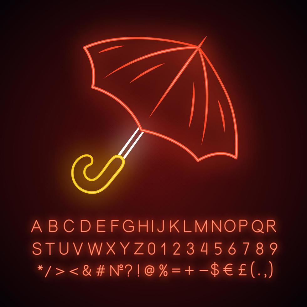 Opened umbrella neon light icon. Bad, rainy, stormy weather water protection. Fashionable travel accessory. Glowing sign with alphabet, numbers and symbols. Vector isolated illustration