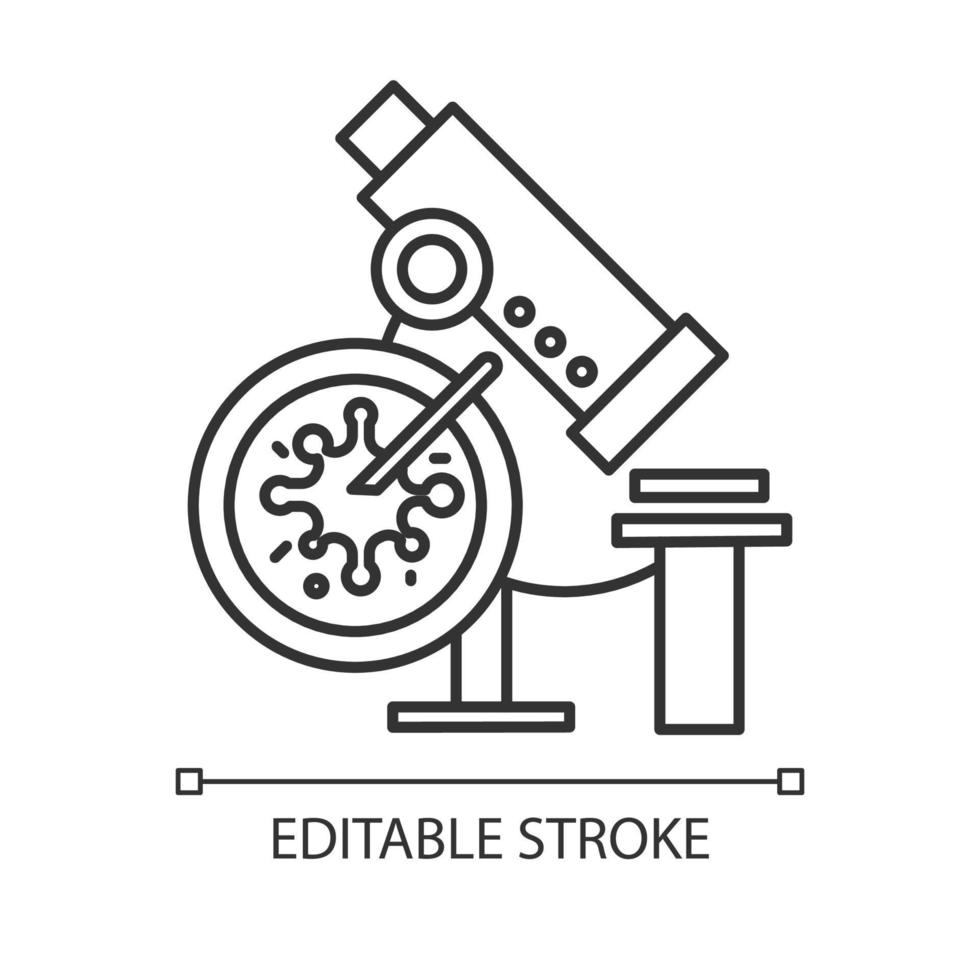 Infection test linear icon. Medical procedure. Blood culture test. Microscope with sample. Microbiology. Thin line illustration. Contour symbol. Vector isolated outline drawing. Editable stroke
