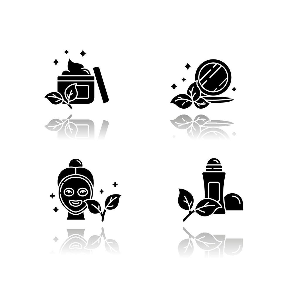 Organic cosmetics drop shadow black glyph icons set. Face cream. Pressed makeup powder. Facial mask. Deodorant, antiperspirant. Chemical free beauty products. Skincare. Isolated vector illustrations