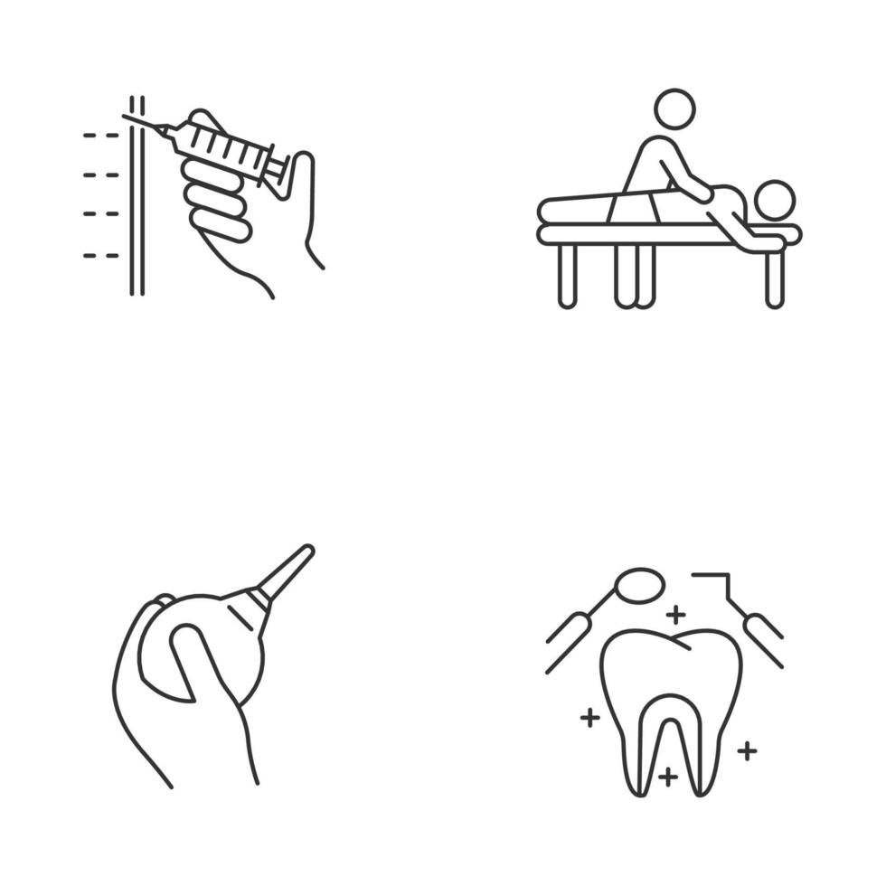 Medical procedure linear icons set. Injection with syringe. Massage. Lavement. Dental care. Oral health. Clinical aid. Thin line contour symbols. Isolated vector outline illustrations. Editable stroke