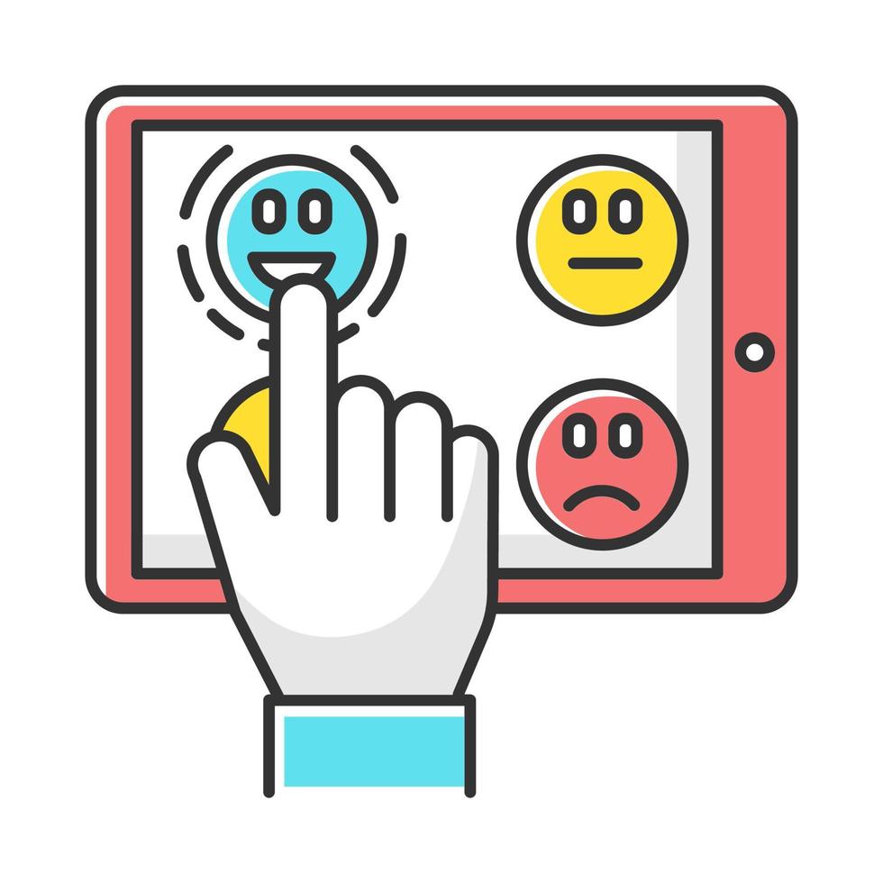 Online survey color icon. Share feedback. Choosing positive and negative option. Hand picking emoticon on tablet display. Anonymous poll. Customer satisfaction level. Isolated vector illustration