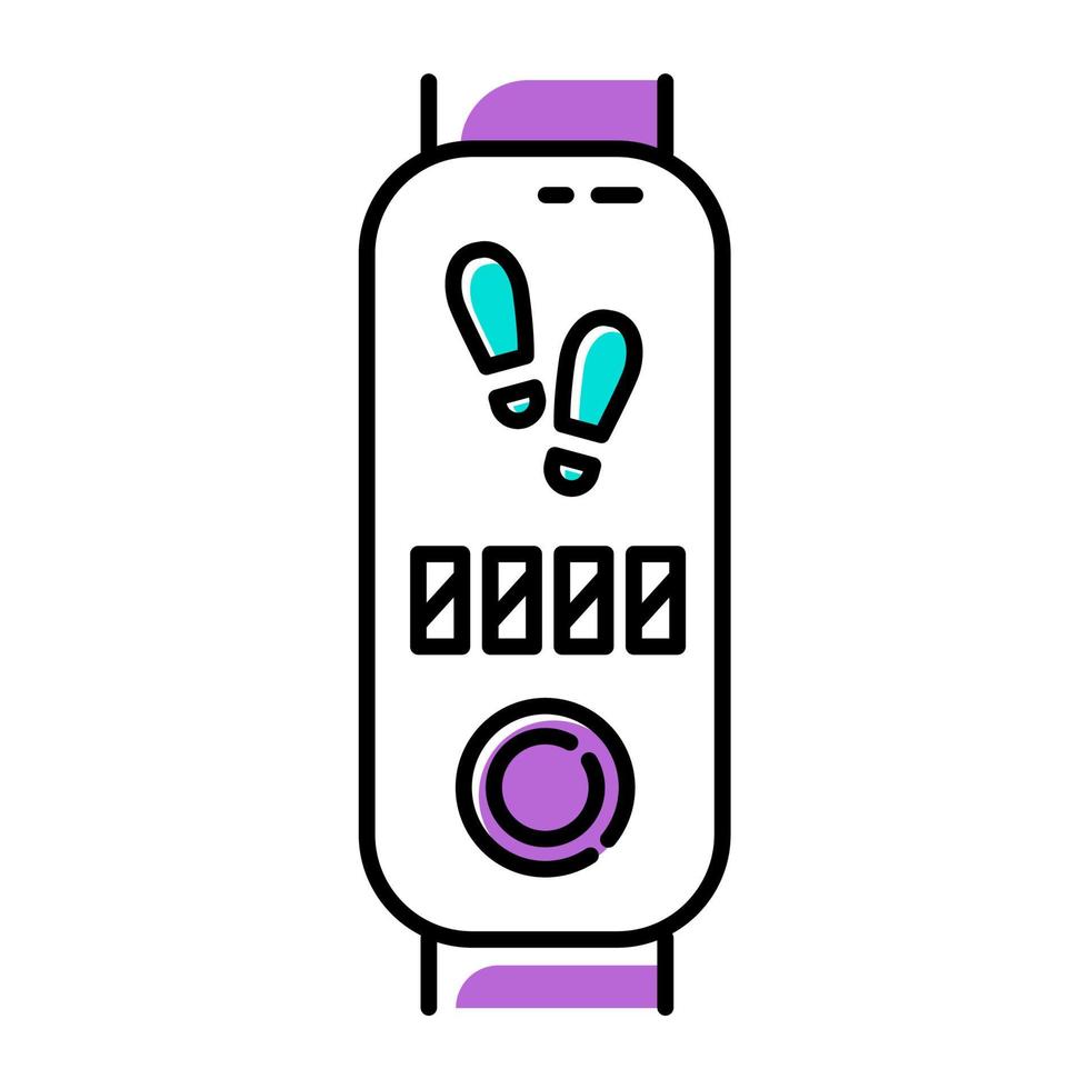 rastreador de fitness con icono de color de contador de pasos. dispositivo de bienestar de moda con podómetro electrónico. gadget de estilo de vida activo, reloj inteligente que muestra el número de pasos. ilustración vectorial aislada vector