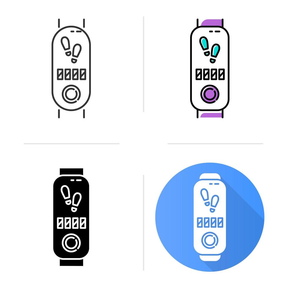 Fitness tracker with step counter icons set. Trendy wellness device with electronic pedometer. Active lifestyle gadget with steps number. Linear, black and color styles. Isolated vector illustrations