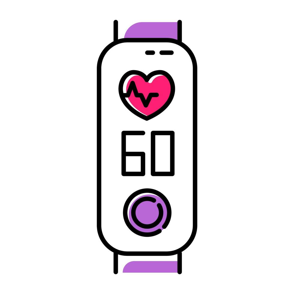 Fitness tracker with heart rate monitoring color icon. Trendy wellness device with heartbeat control function. Fitness app with pulse, cardiac rhythm on display. Isolated vector illustration