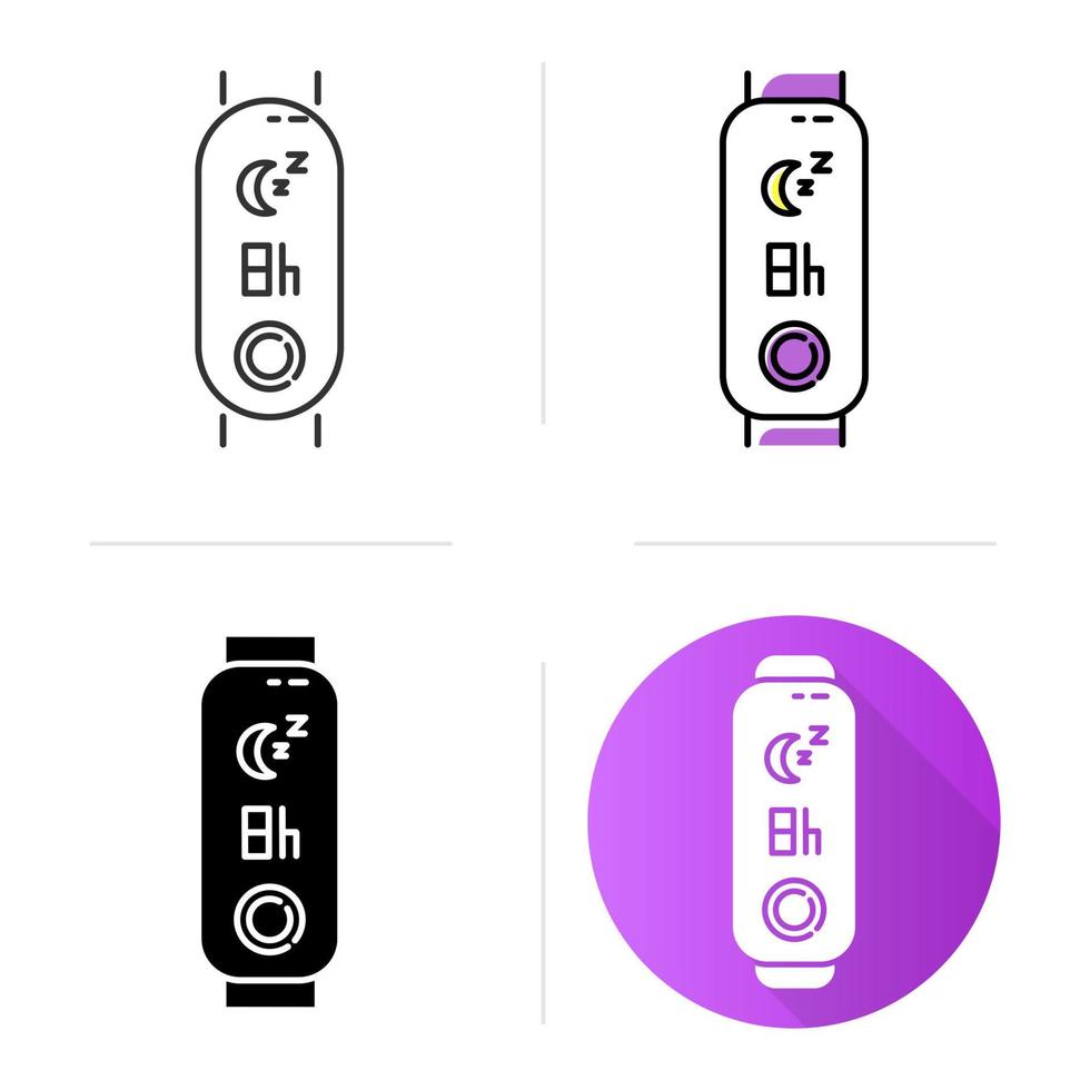 Fitness tracker with sleep time indication icons set. Gadget for monitoring night rest duration. Wellness device with relax period control. Linear, black, color styles. Isolated vector illustrations