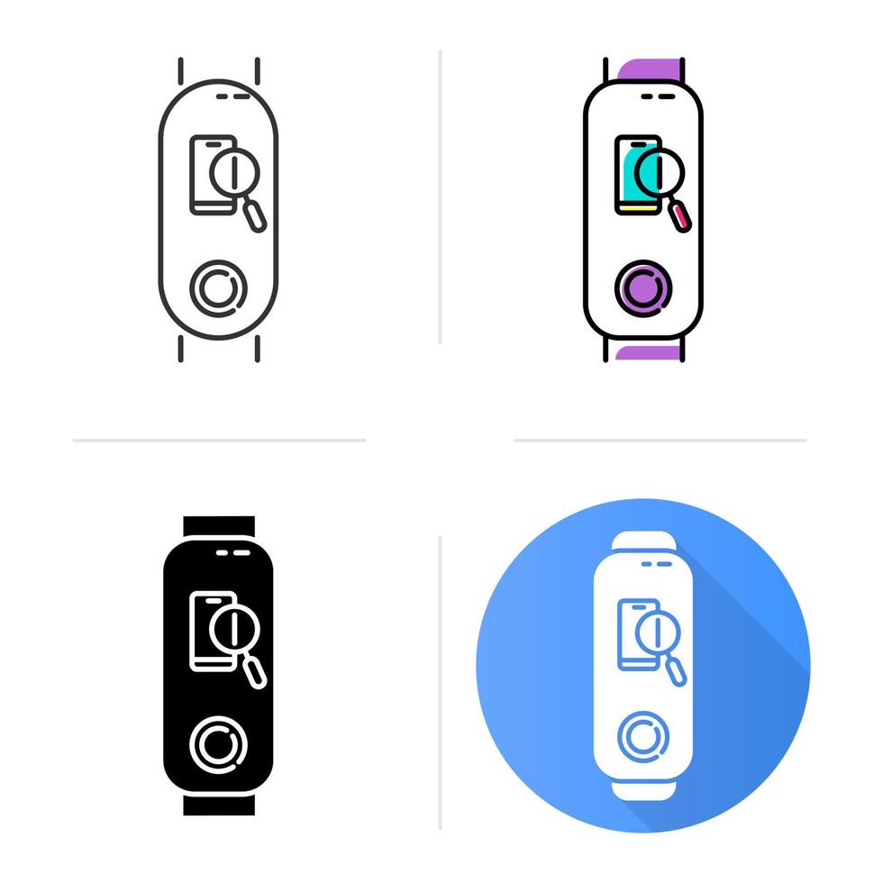 Fitness tracker with smartphone finder option icons set. Wellness gadget with lost cellphone location identification function. Linear, black and color styles. Isolated vector illustrations