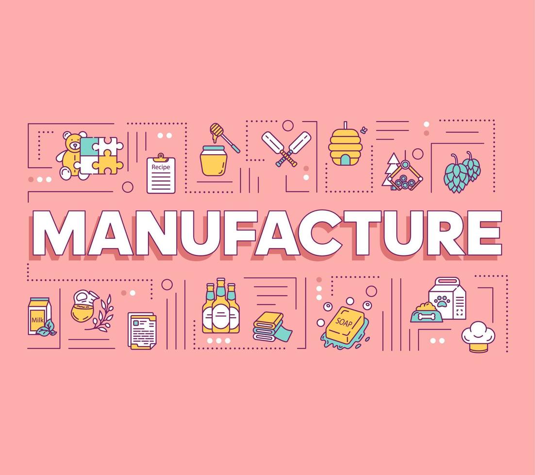 Manufacture word concepts banner. Goods and services producing. Small businesses. Presentation, website. Isolated lettering typography idea with linear icons. Vector outline illustration