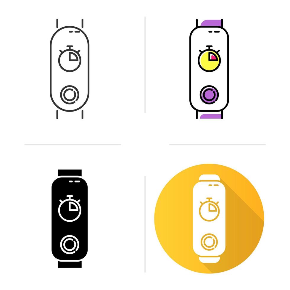 rastreador de fitness con cronómetro en el conjunto de iconos de pantalla. dispositivo de bienestar de moda con temporizador digital. gadget de estilo de vida activo con cronómetro. estilos lineales, negros y de color. ilustraciones de vectores aislados