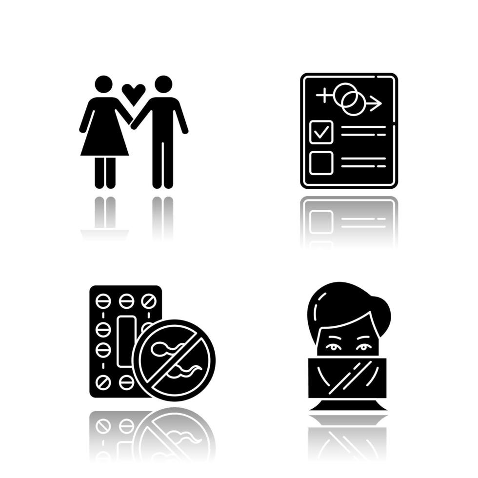 Safe sex drop shadow black glyph icons set. Only one partner. Monogamy. Man and woman in love. Girlfriend and boyfriend. Sex test. Oral contraceptive pills. Dental dams. Isolated vector illustrations