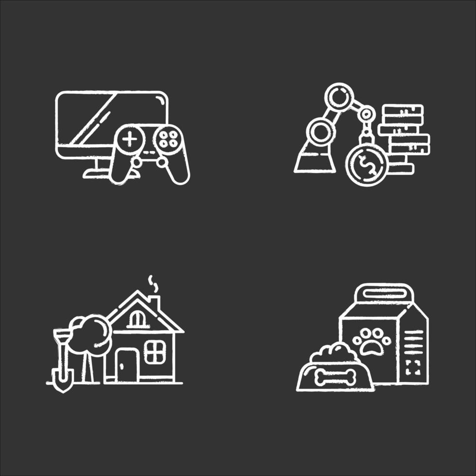 E commerce departments chalk icons set. Online shopping. Retail categories. Pet supplies. Home and garden. Business and industrial. Video games and consoles. Isolated vector chalkboard illustrations