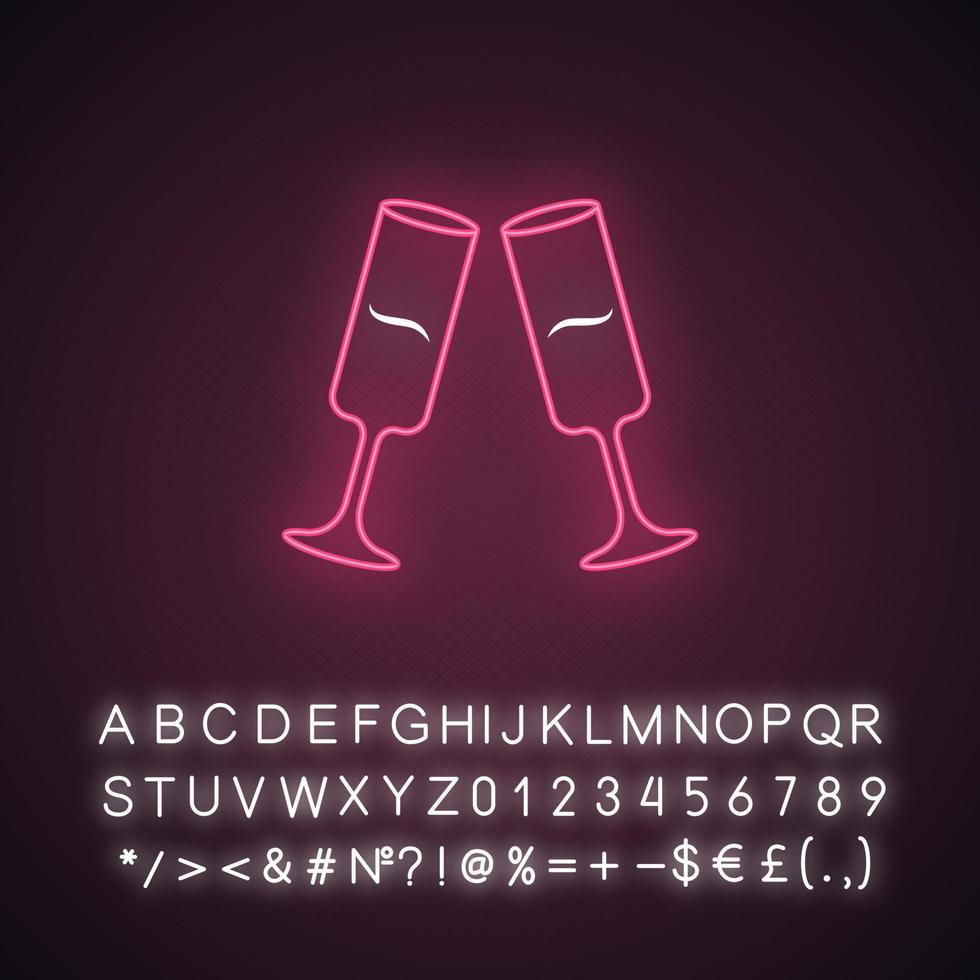 Two clinking champagne glasses pink neon light icon. Glassfuls of alcohol beverage. Wine service. Celebration. Isolated Glowing sign with alphabet, numbers and symbols. Vector isolated illustration