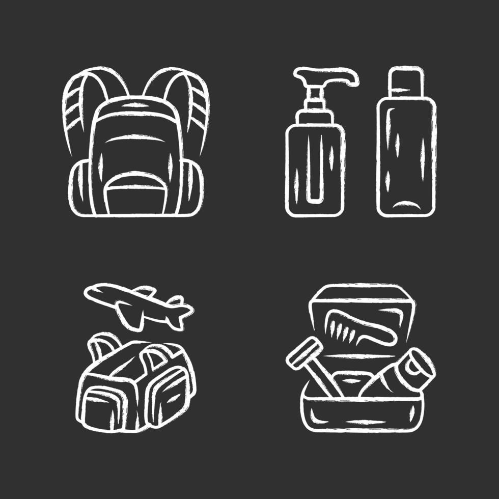 Travel accessories chalk icons set. Backpack,carry on duffel bag, reusable containers. Flight, travelling bag, toiletry case, container. Tourism equipment. Isolated vector chalkboard illustrations