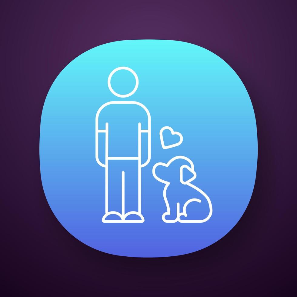 Animals welfare and help app icon. Pup and master. Pet adoption from shelter. Volunteer activity. Man with faithful dog. UI UX user interface. Web or mobile application. Vector isolated illustration