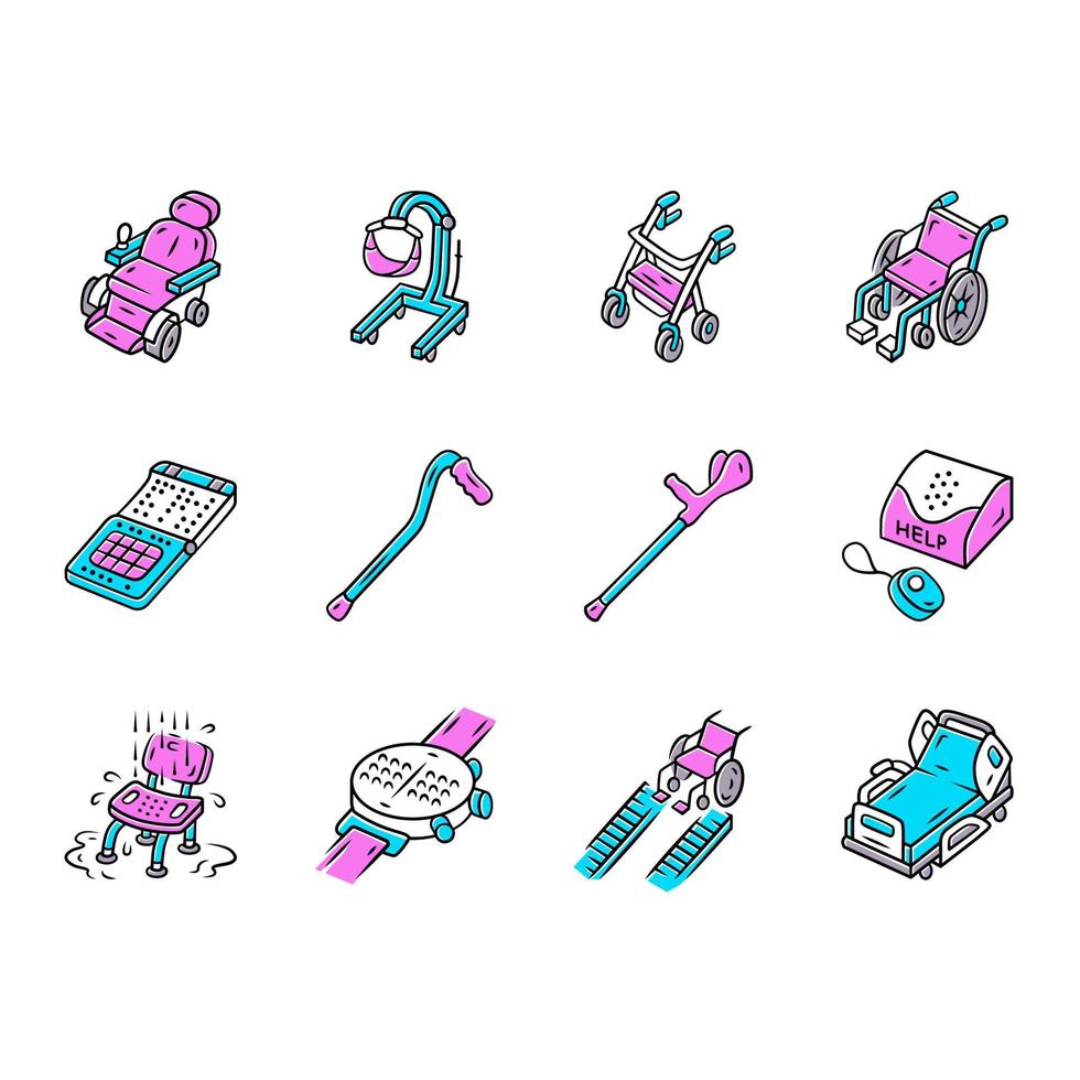 Disabled devices color icons set. Mobility aid, handicapped medical equipment. Facilities for blind, paralyzed, old people. Hospital, retirement home equipment. Isolated vector illustrations..